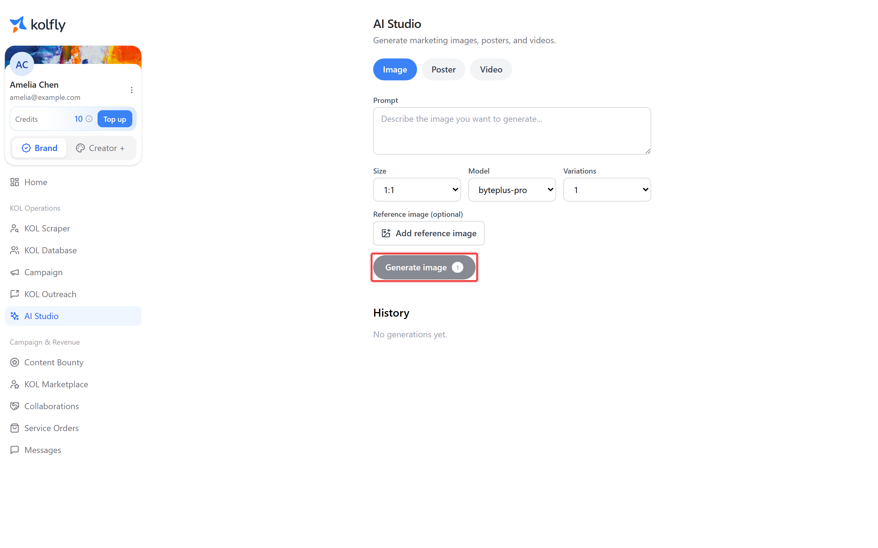 AI Studio with the Generate image button and its credit cost highlighted