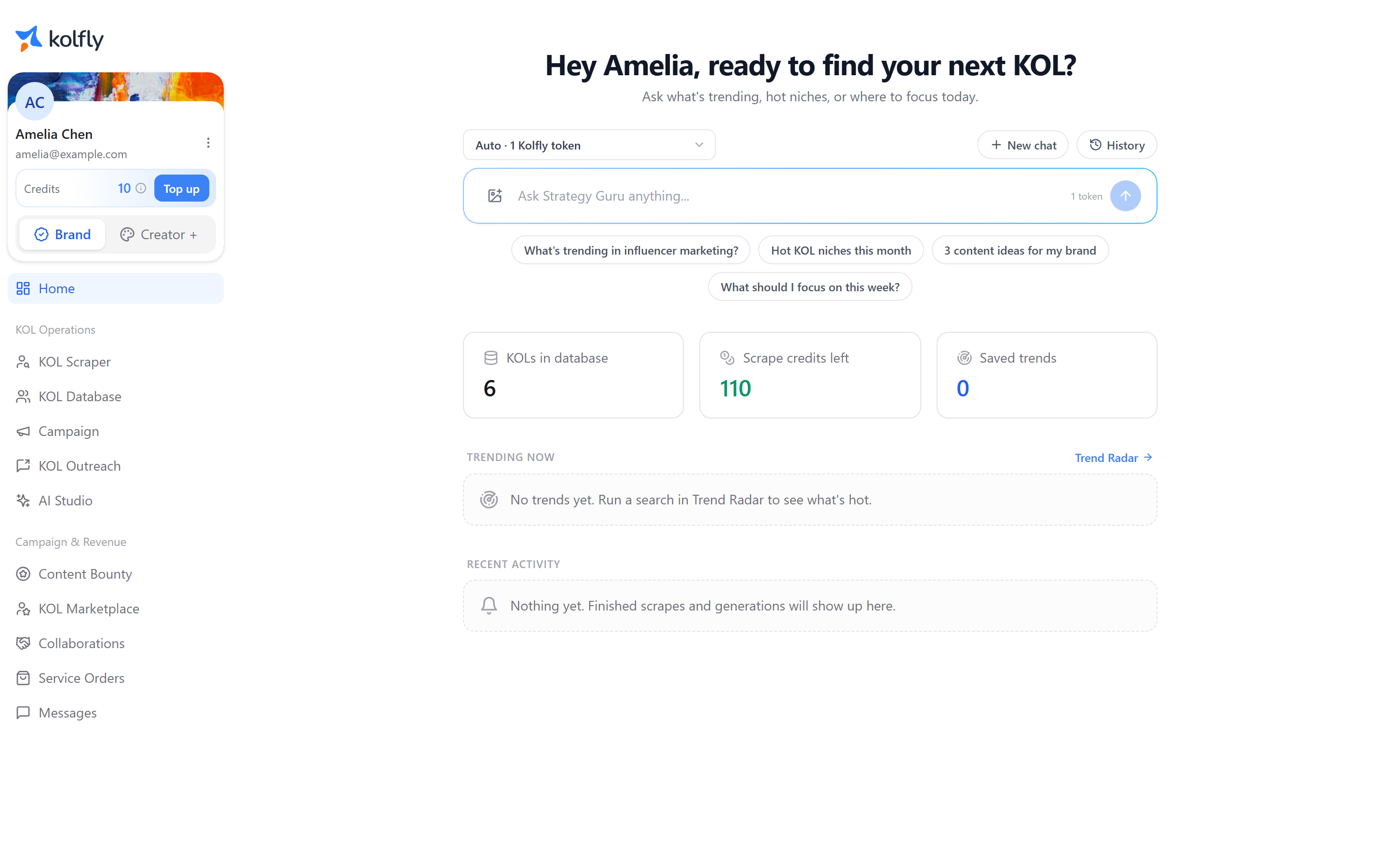 The Kolfly brand home screen showing the sidebar and workspace overview