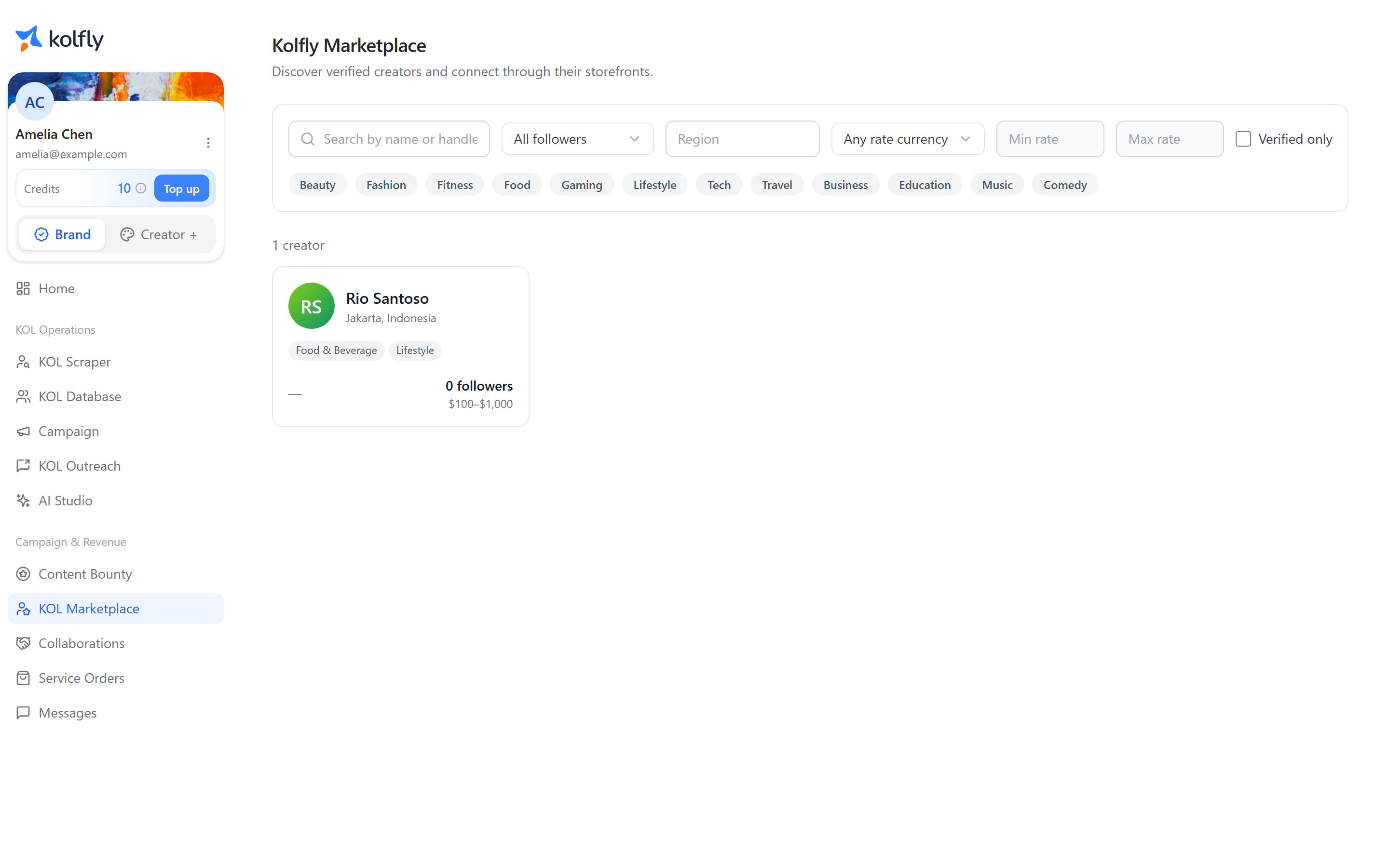 The creator marketplace with service listings