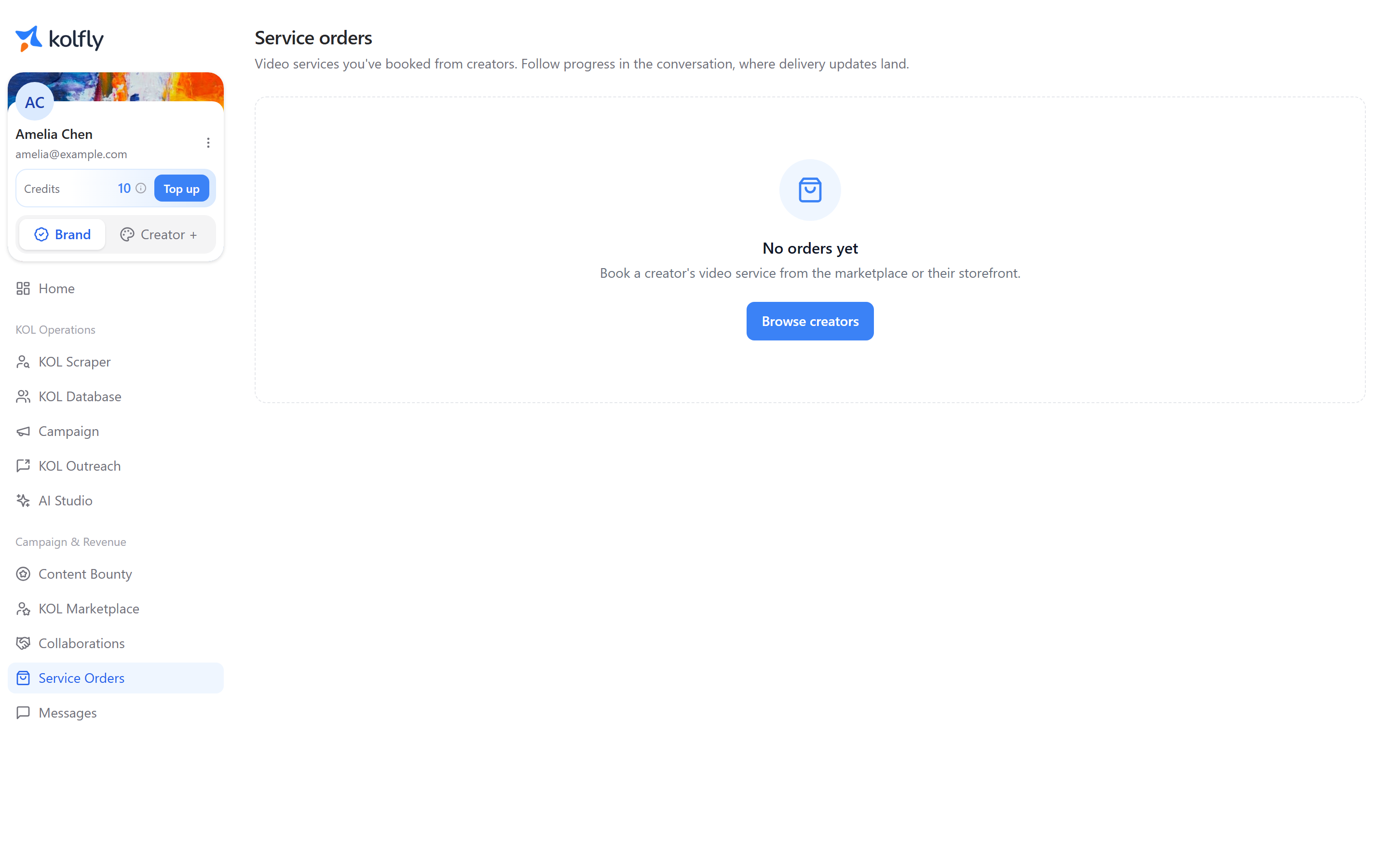 The brand Orders screen listing placed orders and their status