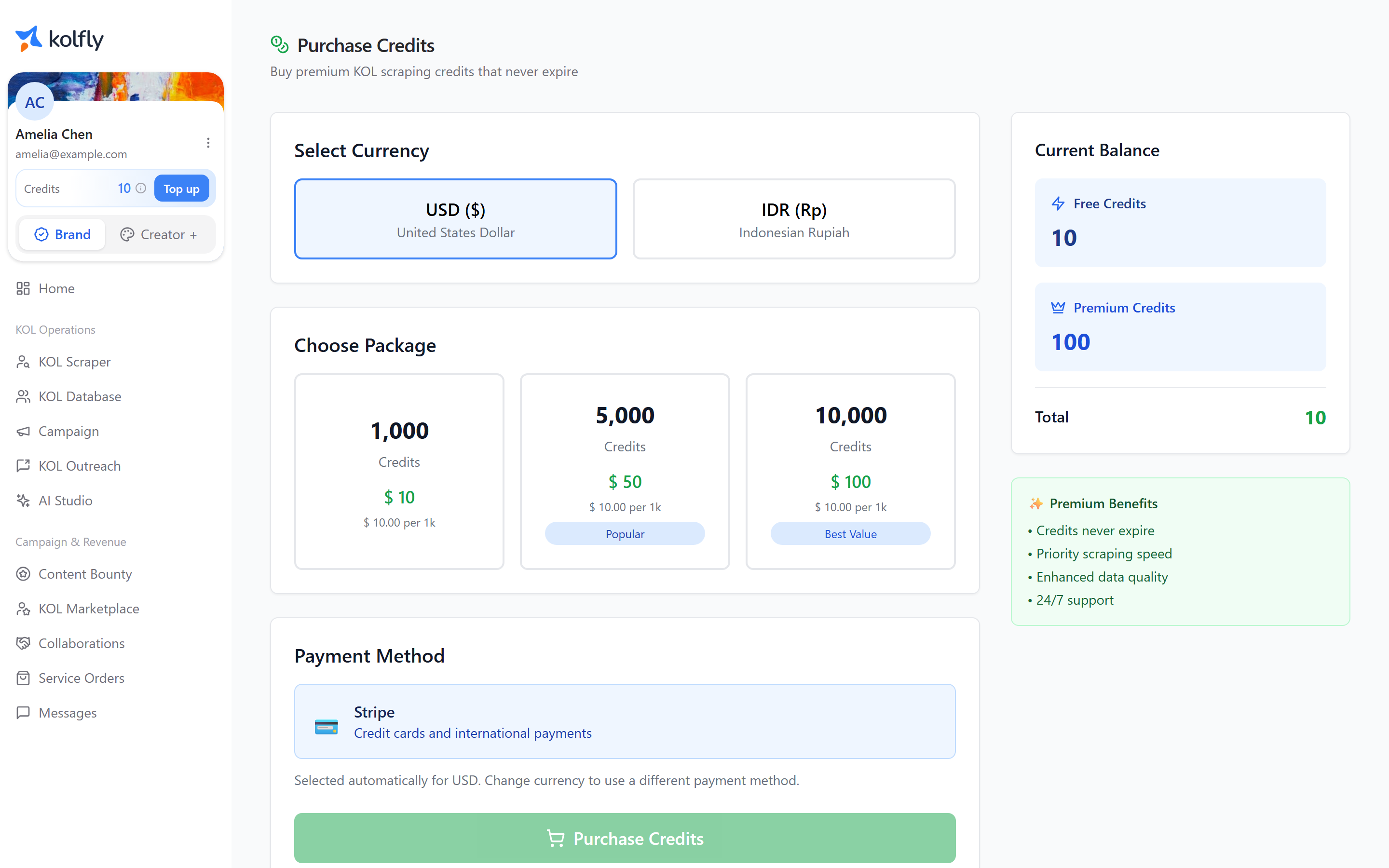 The Purchase Credits screen showing scraping credit packages