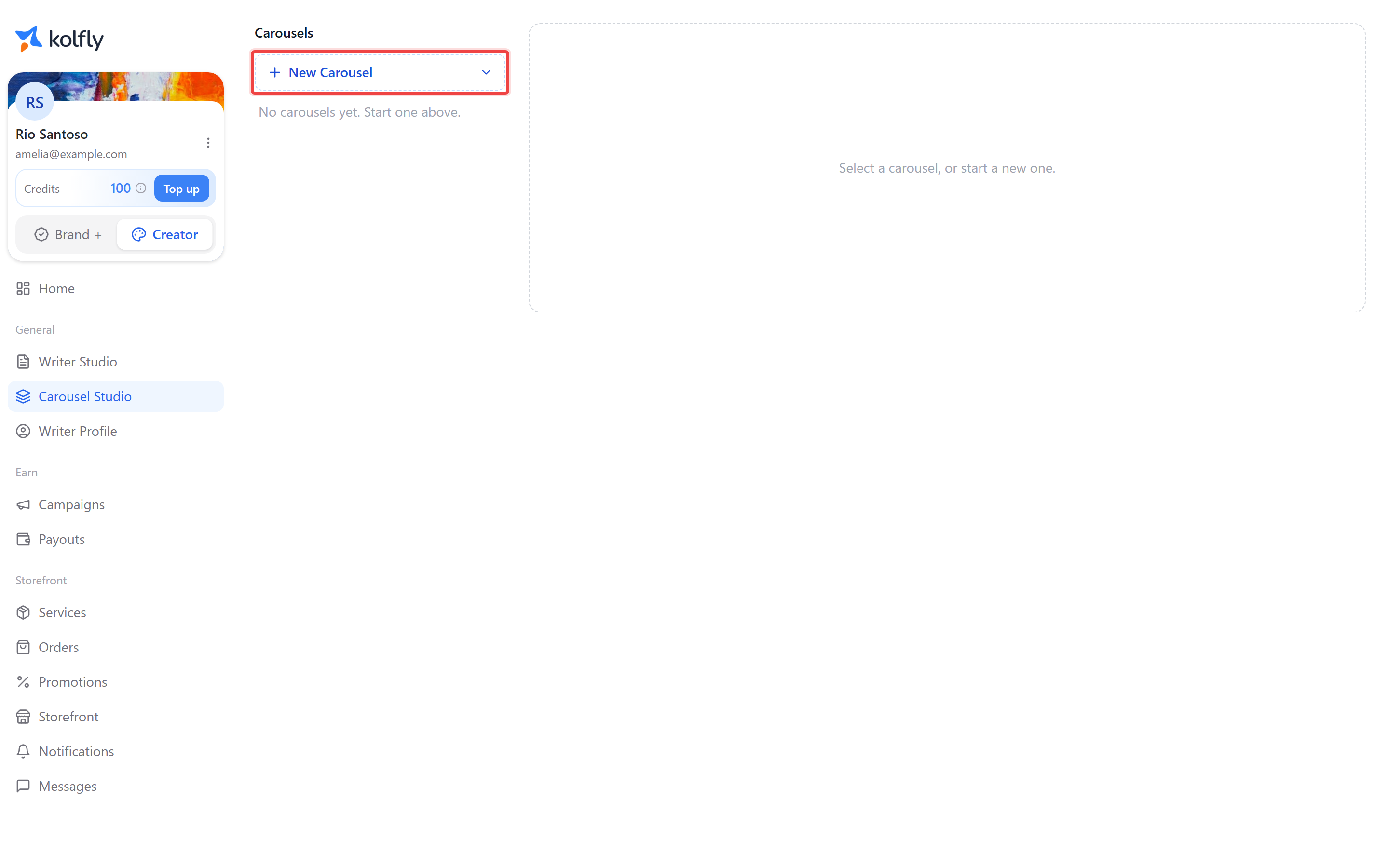 Carousel Studio with the New Carousel button highlighted