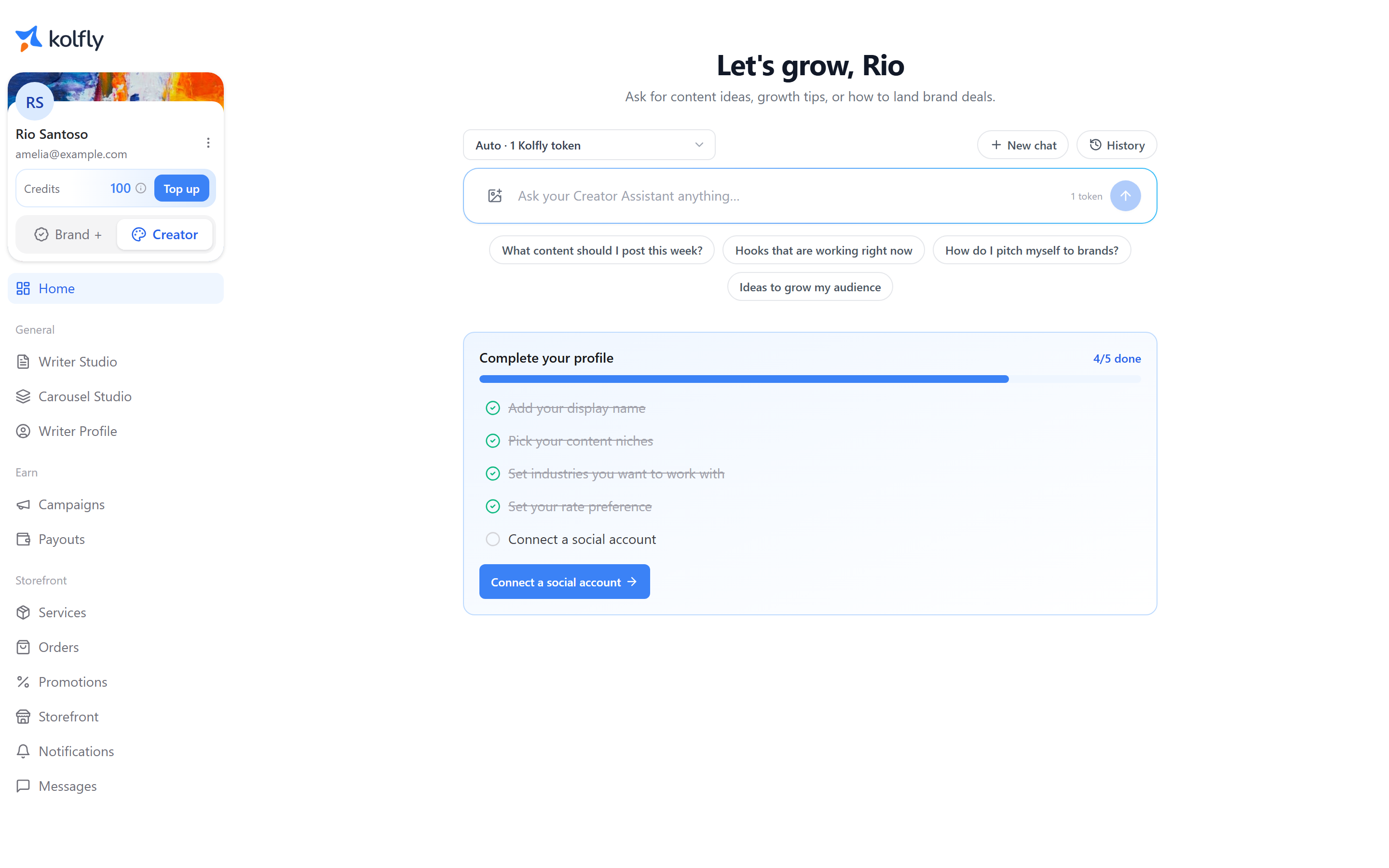 The Kolfly creator home screen