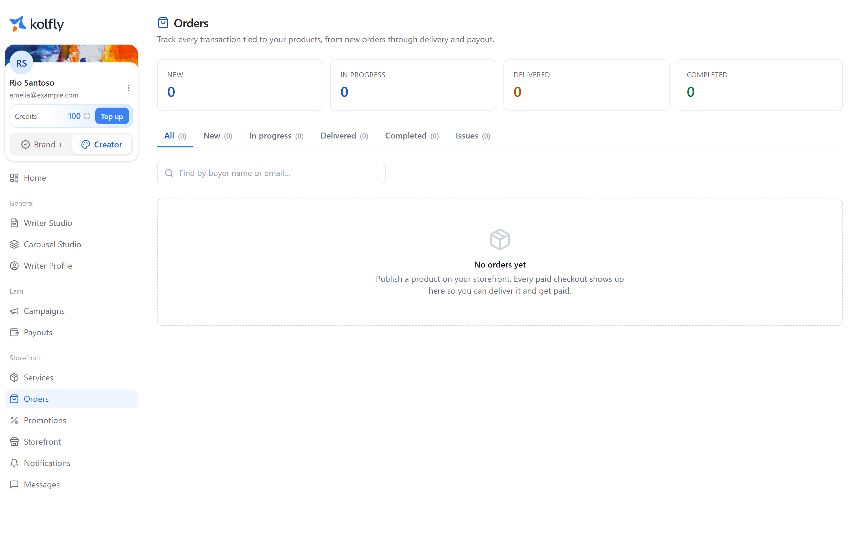 The creator Orders screen listing incoming orders