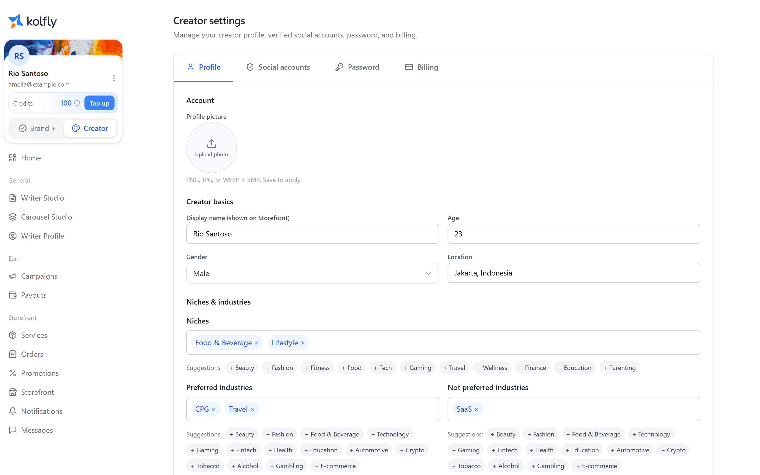 The creator Settings screen with the profile tabs