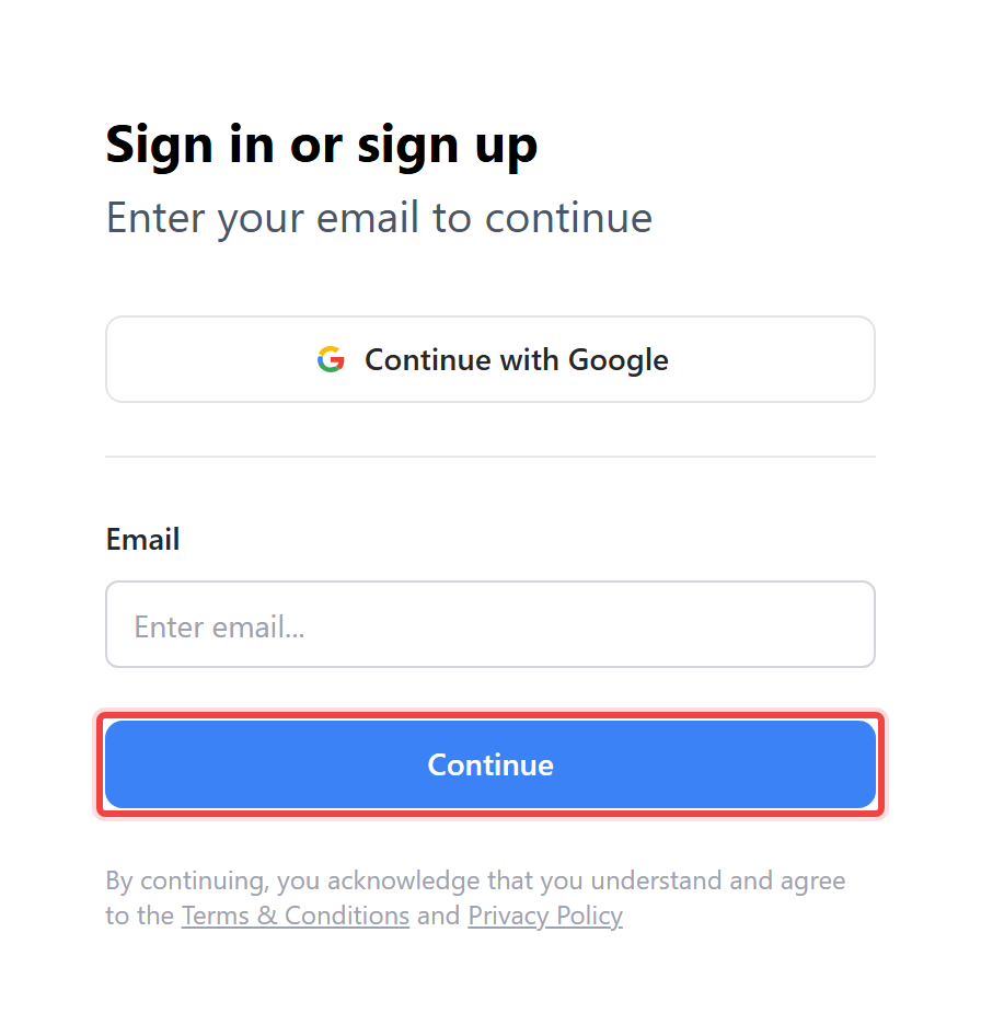 The Kolfly login screen with the Continue button highlighted