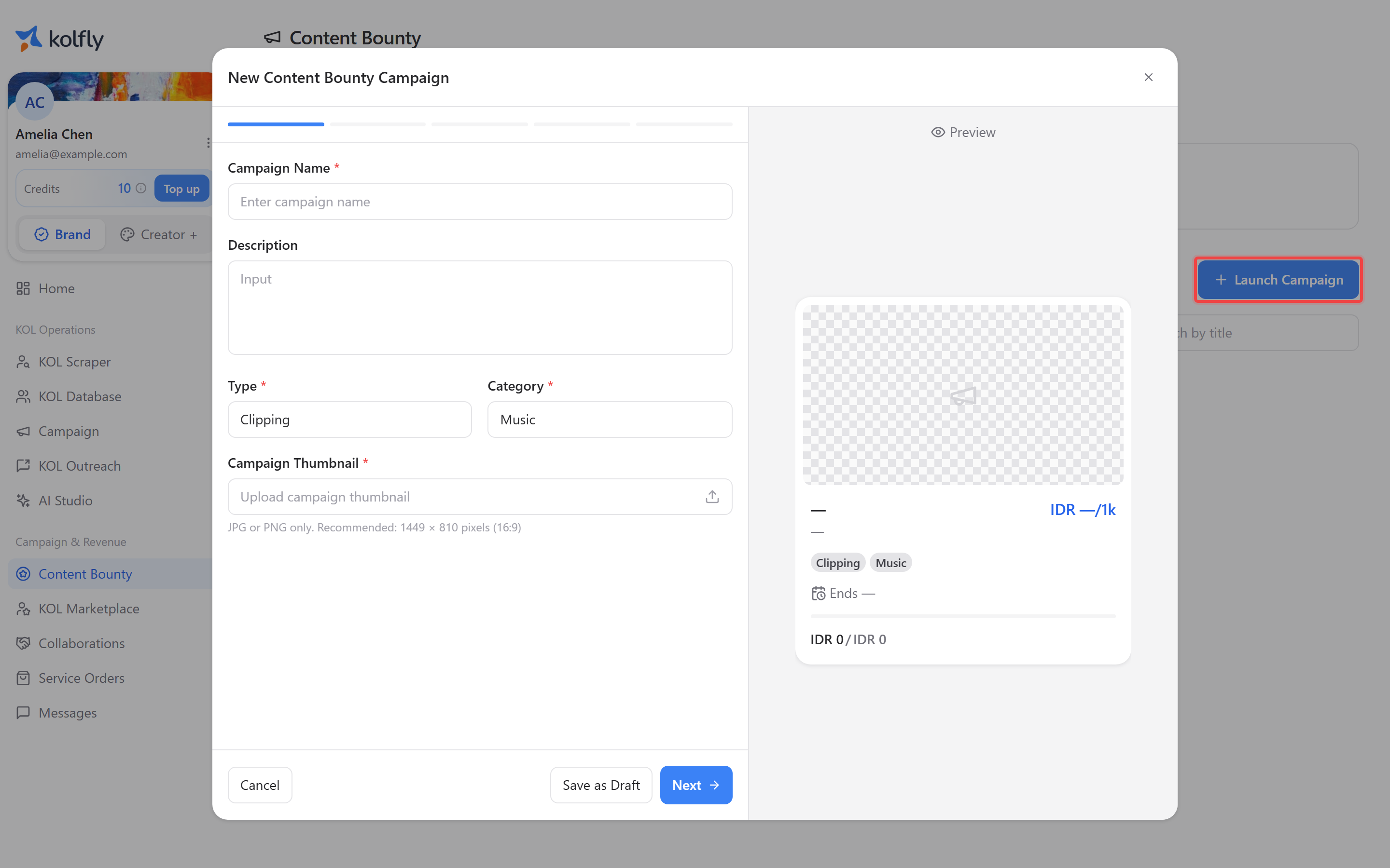 The new bounty campaign form with the Launch Campaign button highlighted