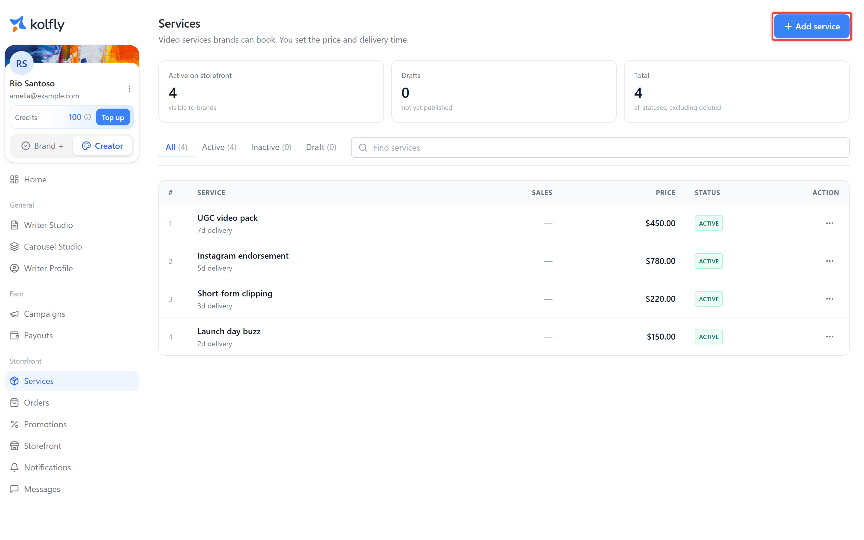 The creator services screen with the Add service button highlighted