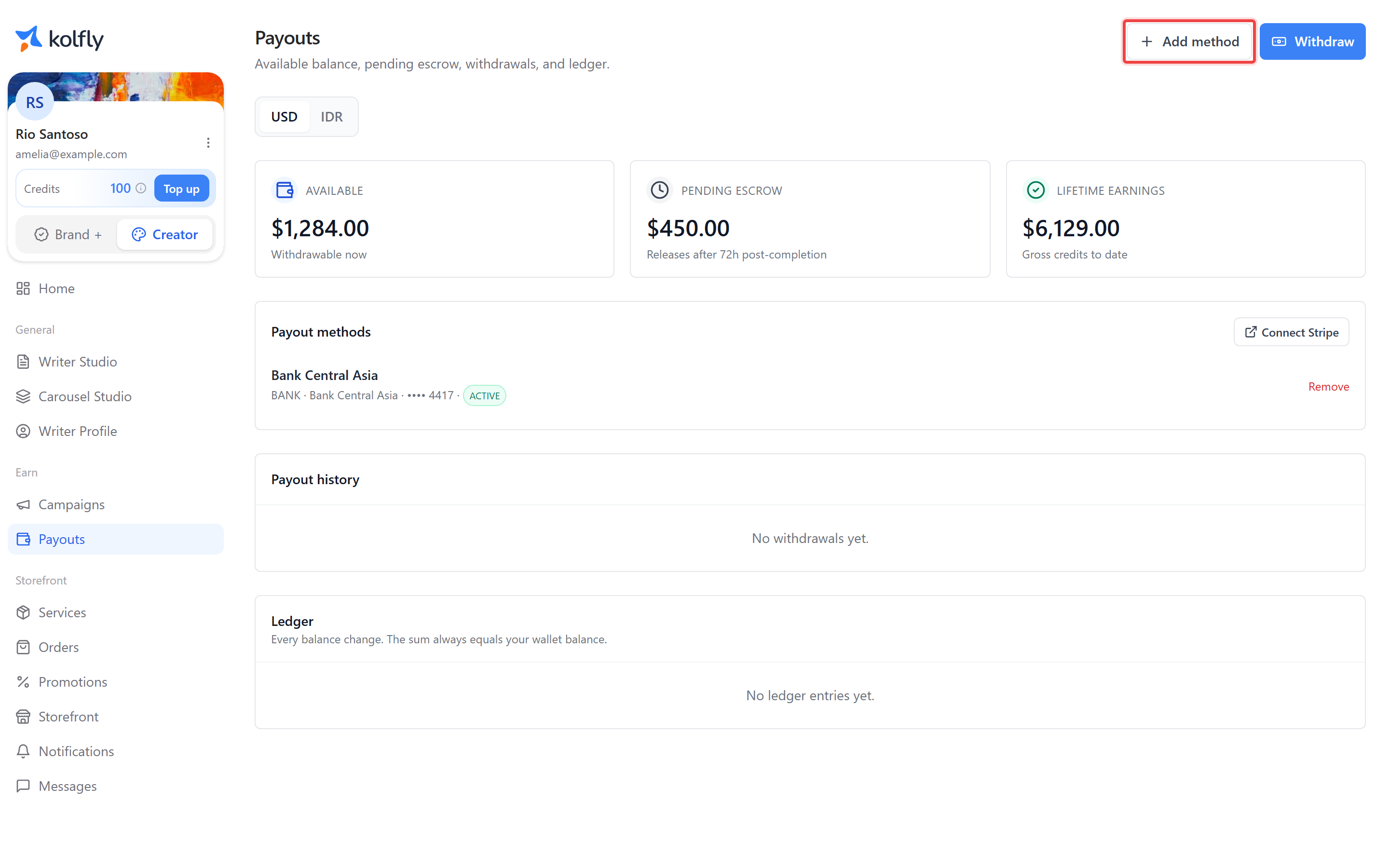 The Payouts screen with the Add method button highlighted