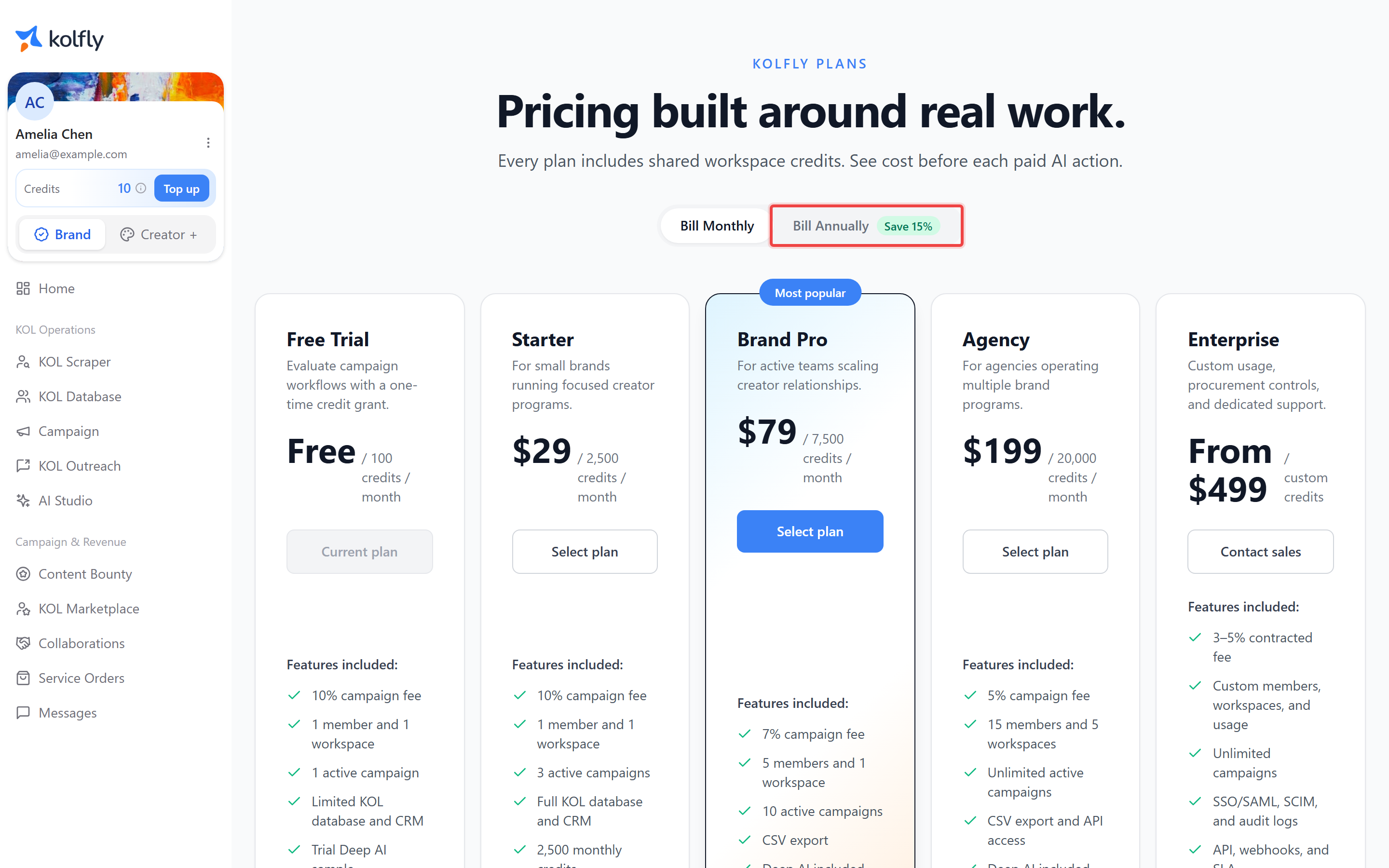 The pricing page with the monthly and annual billing toggle highlighted