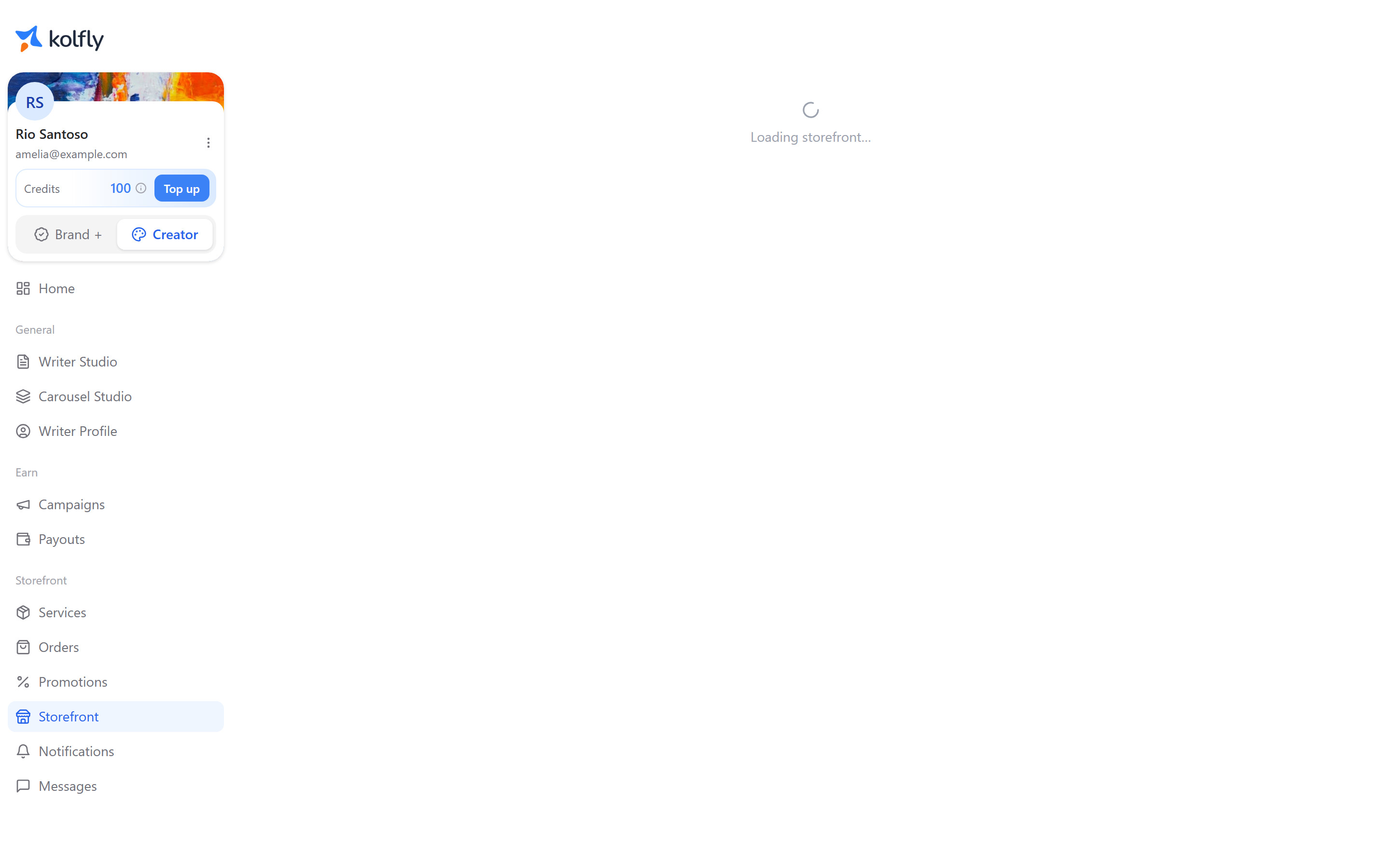 The storefront editor showing the creator's public storefront setup