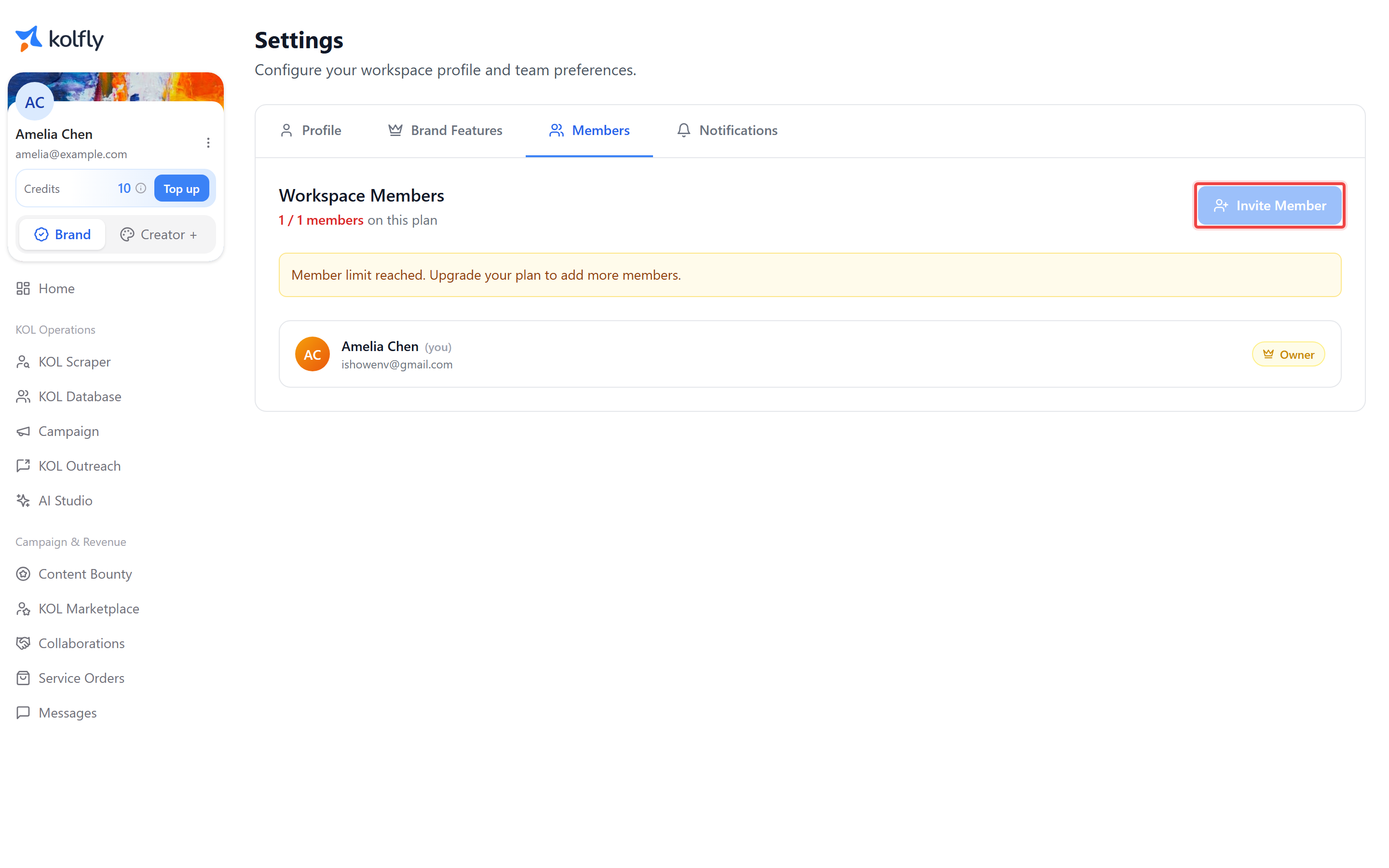 The Members settings tab with the Invite Member button highlighted