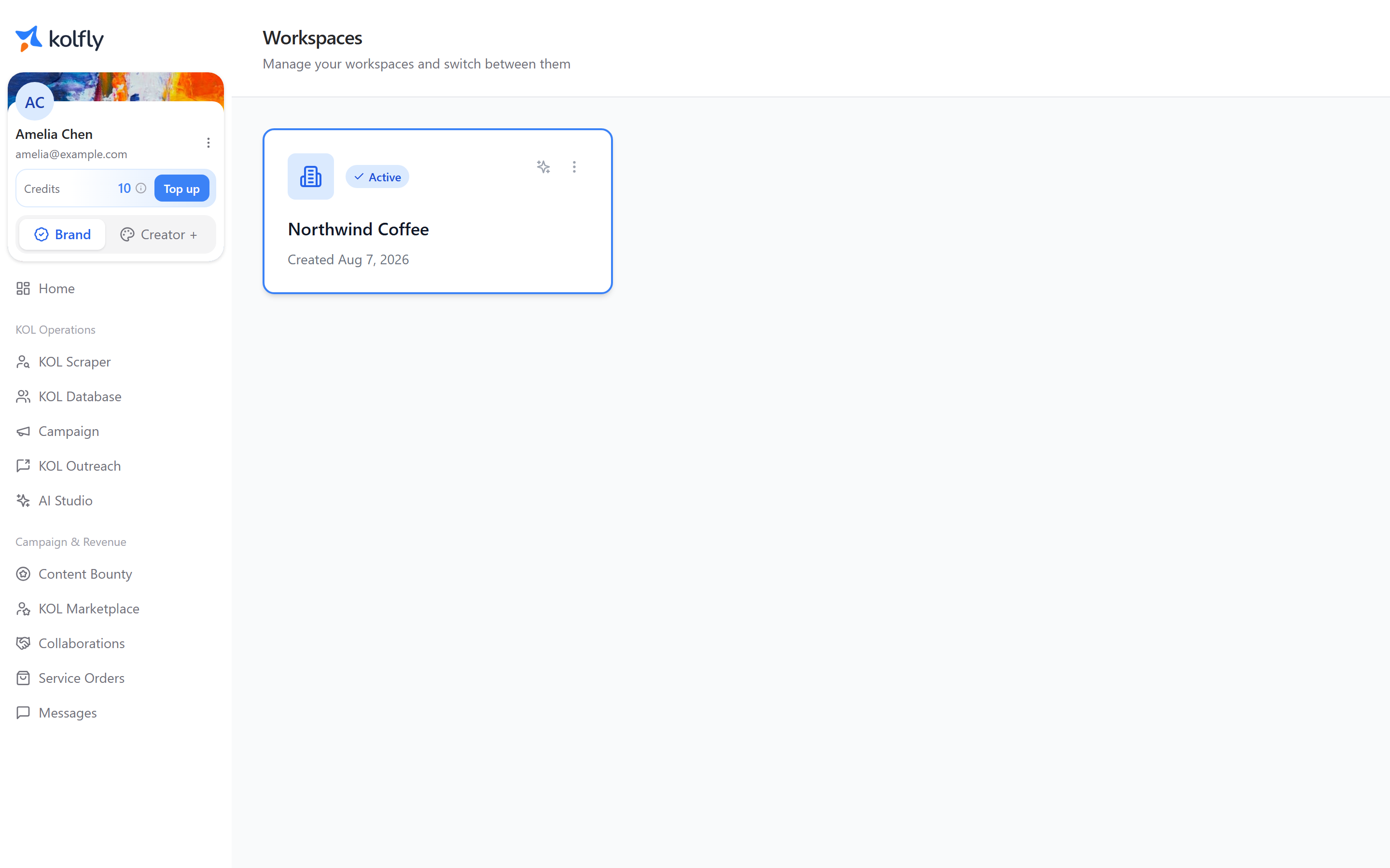 The Workspaces screen listing the workspaces you can switch between