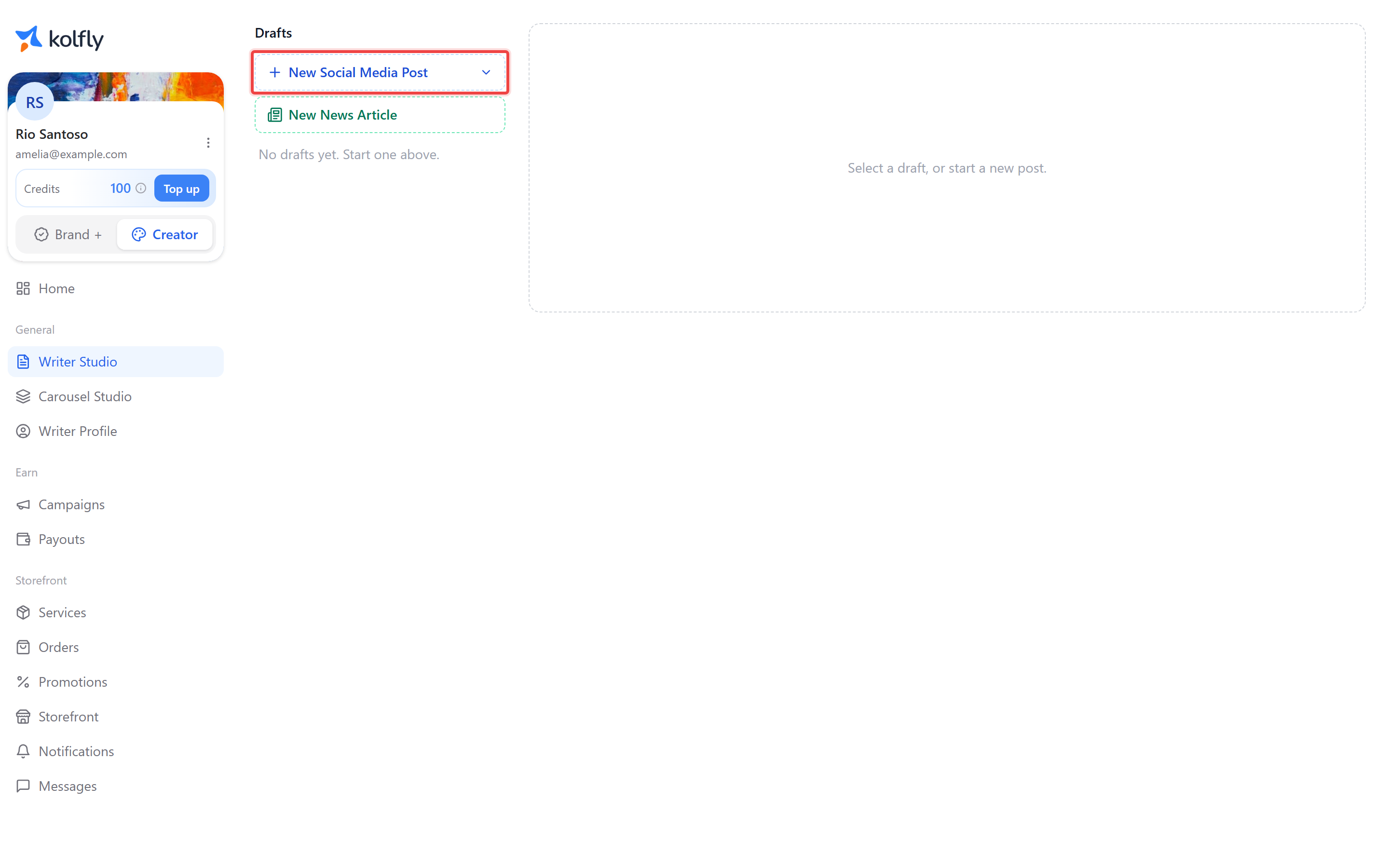 Writer Studio with the New Social Media Post button highlighted